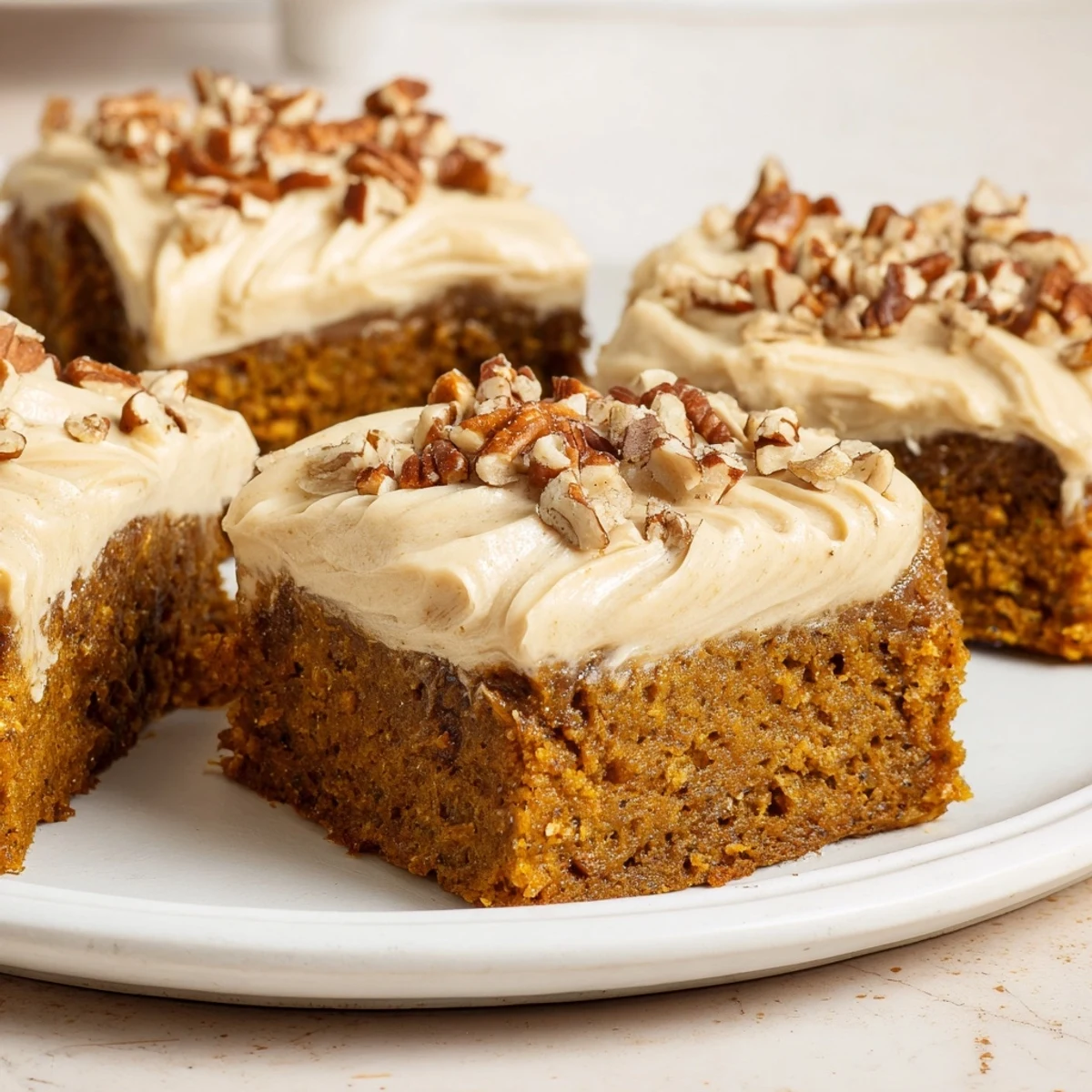 A close-up of frosted pumpkin bars, showing the rich, spiced scent of the baked treat.