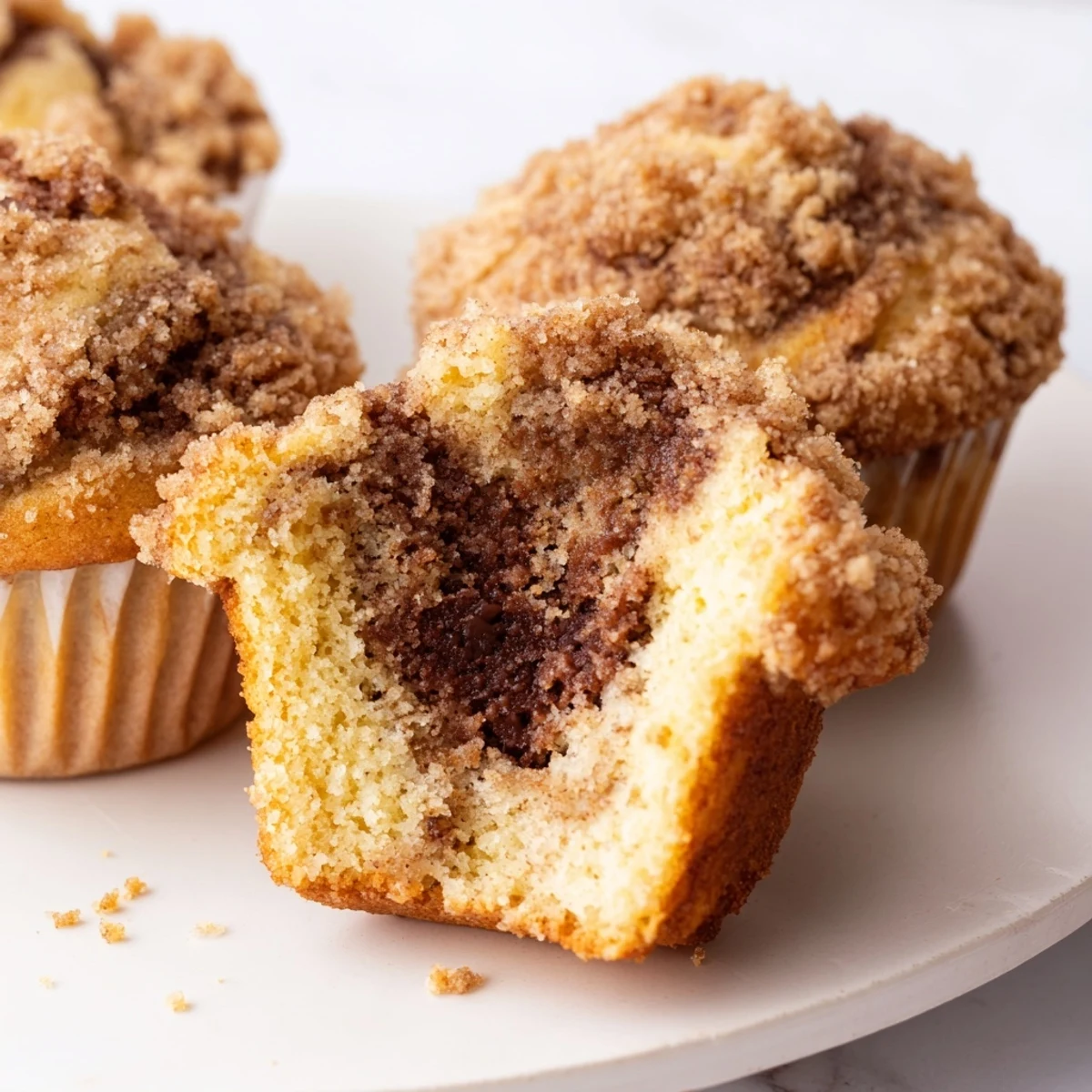 A close-up of freshly baked Lightened Christmas Coffee Cake Muffins, ready to be enjoyed warm.