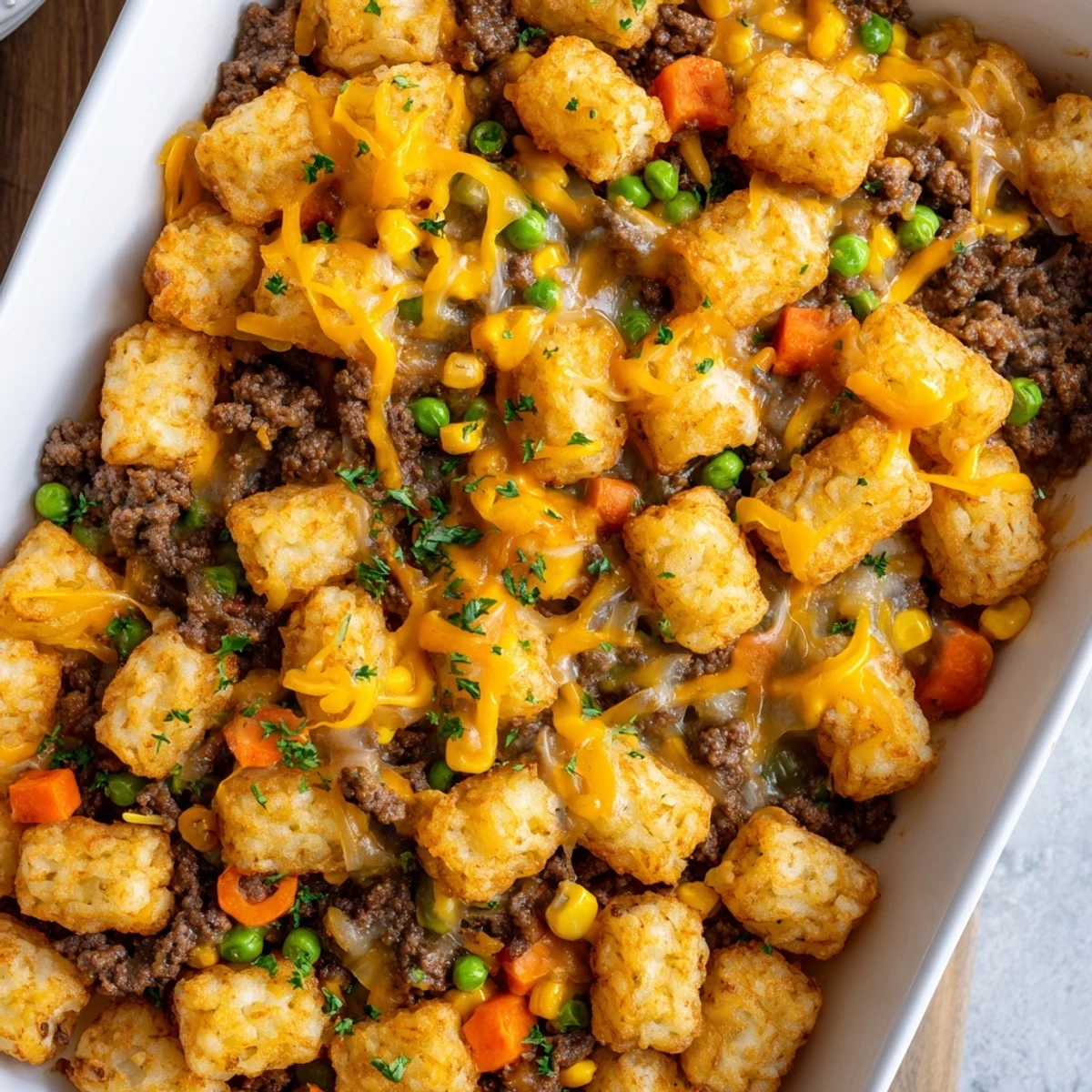 Golden-brown tater tots topping a bubbly Quick Christmas Tater Tot Casserole with melted cheese, ready to serve.