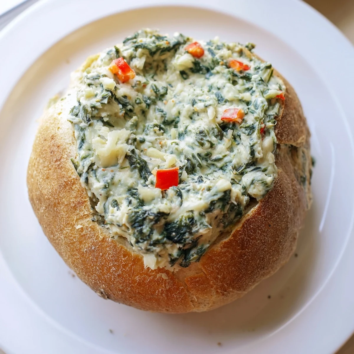 Express Holiday Spinach Dip bread bowl, warm and bubbly, ready to be scooped with sourdough.