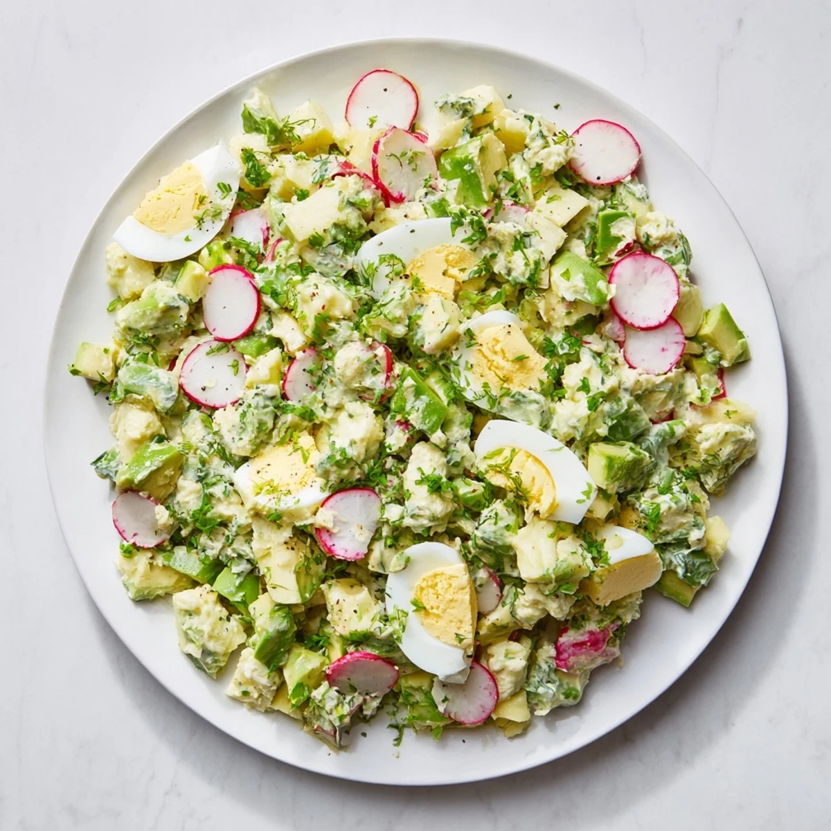 Vibrant Green Goddess Chopped Egg Salad loaded with crunchy vegetables for a fresh, healthy lunch.