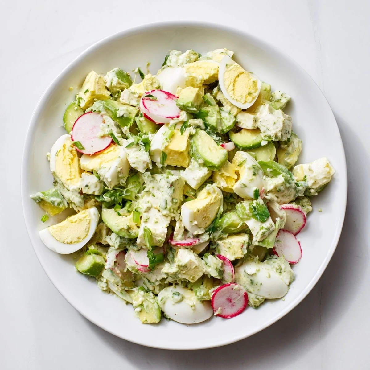 Enjoy a bowl of refreshing Green Goddess Chopped Egg Salad, showcasing colorful vegetables and bright flavors.