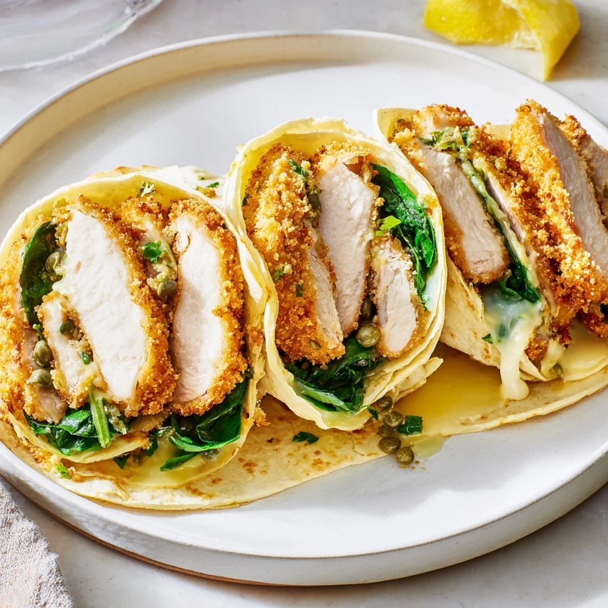 A cross-section showcases the layers of a Chicken Piccata Crunch Wrap, filled with savory ingredients.