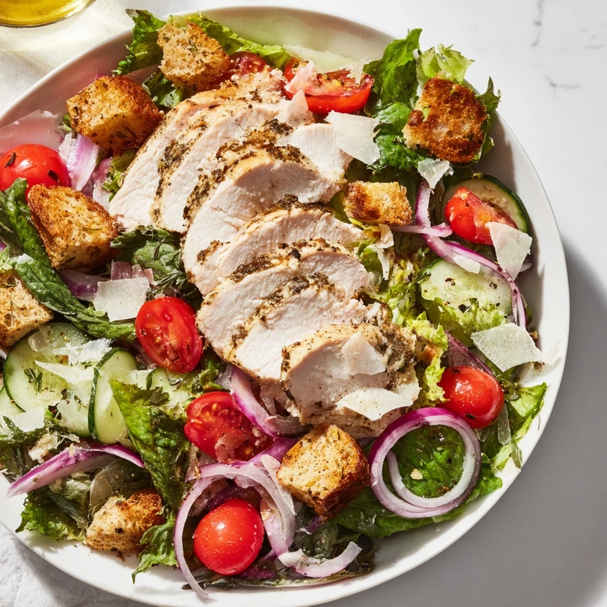 Quick Crunchy Lemon Parmesan Chicken Salad, showcasing tender chicken over fresh greens with a bright lemon dressing.