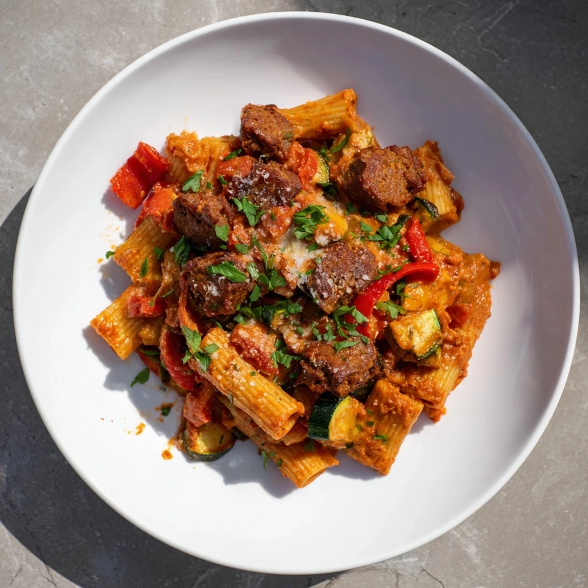 Golden, bubbly Spicy Vegan Chorizo Baked Pasta, a comforting vegan dinner, richly flavored and inviting.