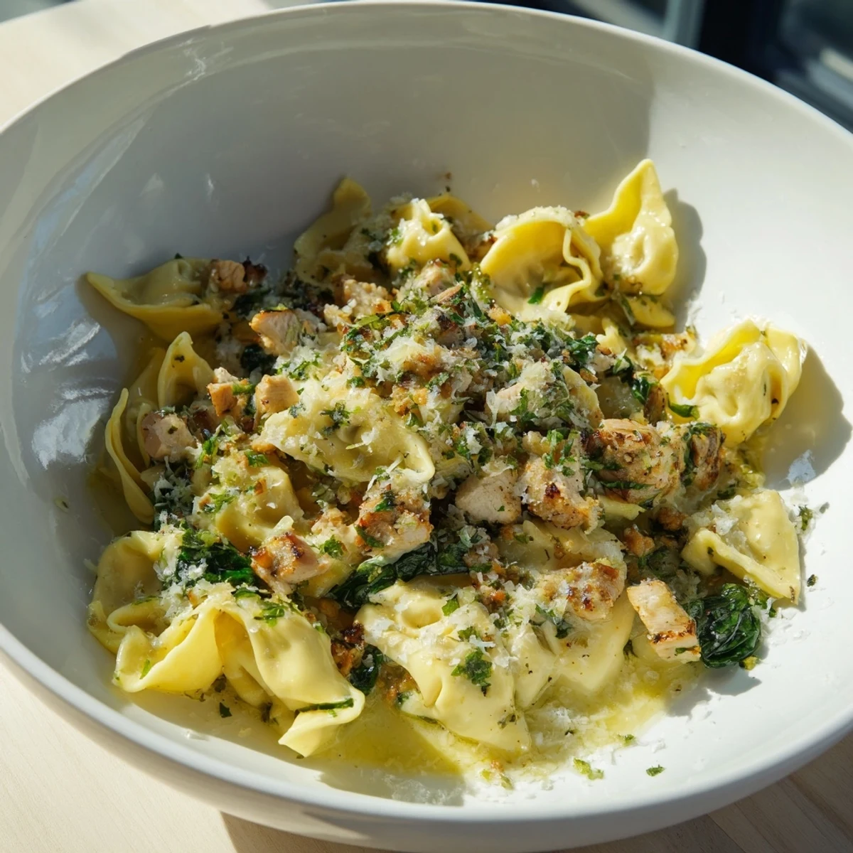 Golden chicken pieces mingle with cheese tortellini in this Creamy Chicken and Spinach Tortellini recipe.