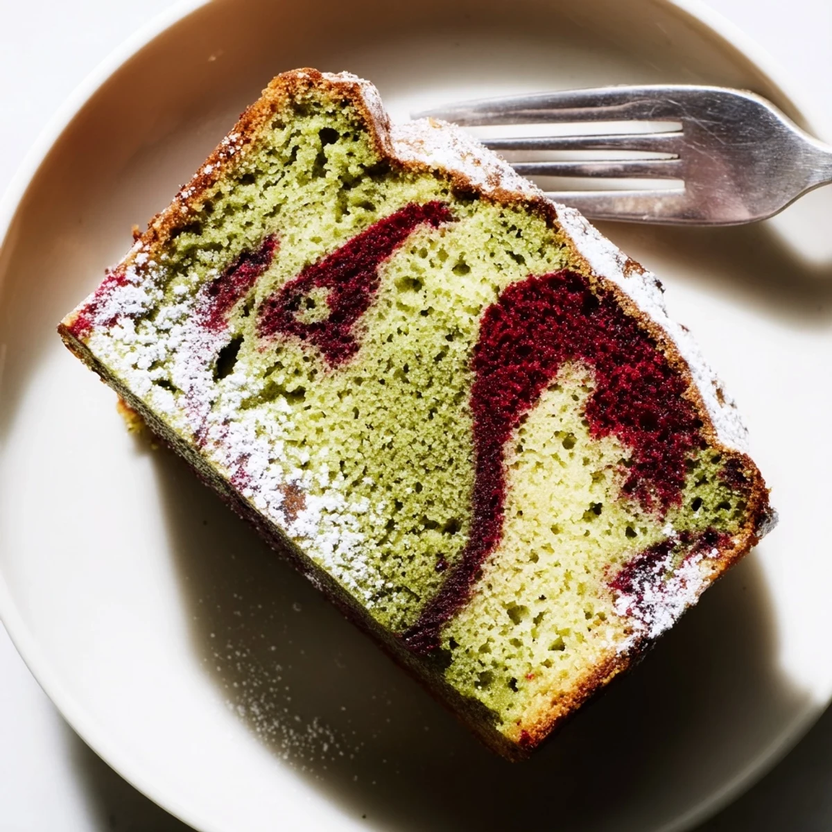 Close-up of freshly baked Red & Green Swirl Matcha Marble Pound Cake, ready to be served.
