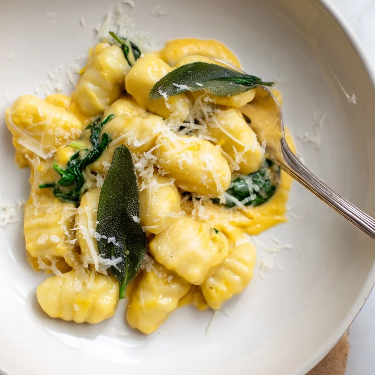 Steaming One-Pot Creamy Pumpkin Sage Gnocchi Pasta, perfect for a cozy, delicious vegetarian dinner.