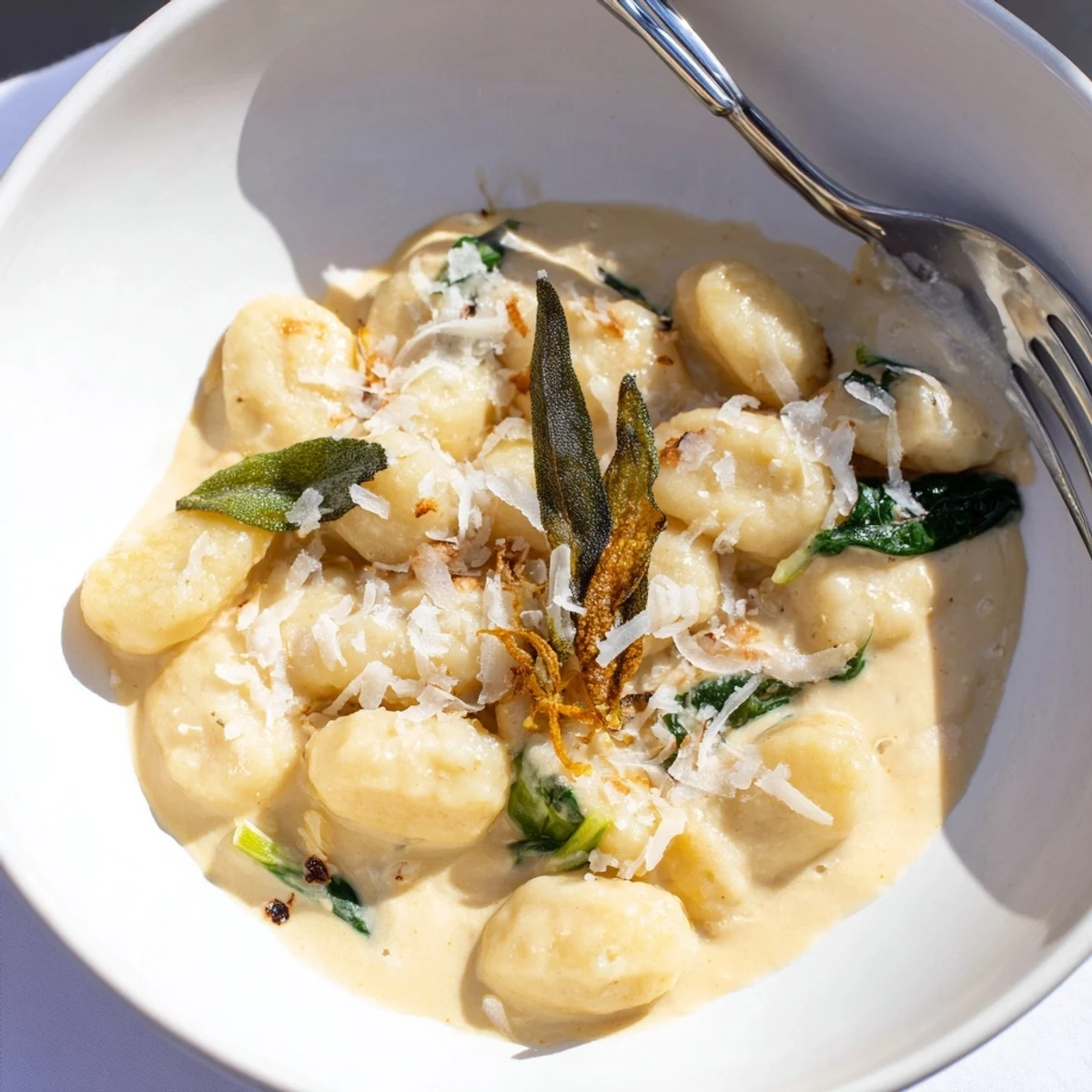 Golden-brown crispy sage leaves top a bowl of rich One-Pot Creamy Pumpkin Sage Gnocchi Pasta.