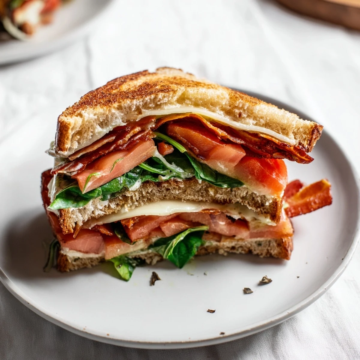 Golden, crispy Turkey Bacon, Spinach & Tomato Grilled Cheese ready for a warm, savory bite.