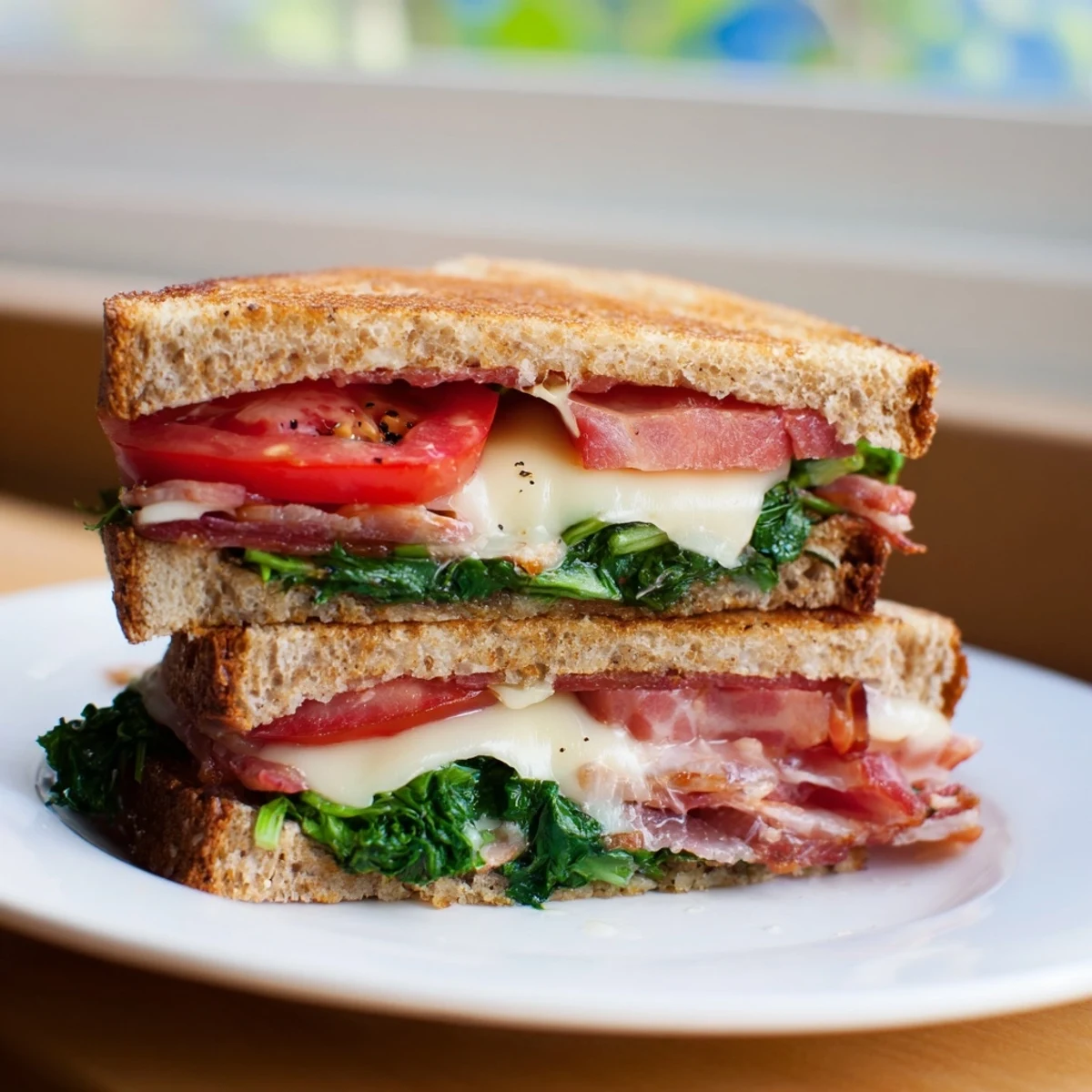 Sizzling turkey bacon complements juicy tomatoes in this satisfying Turkey Bacon, Spinach & Tomato Grilled Cheese.