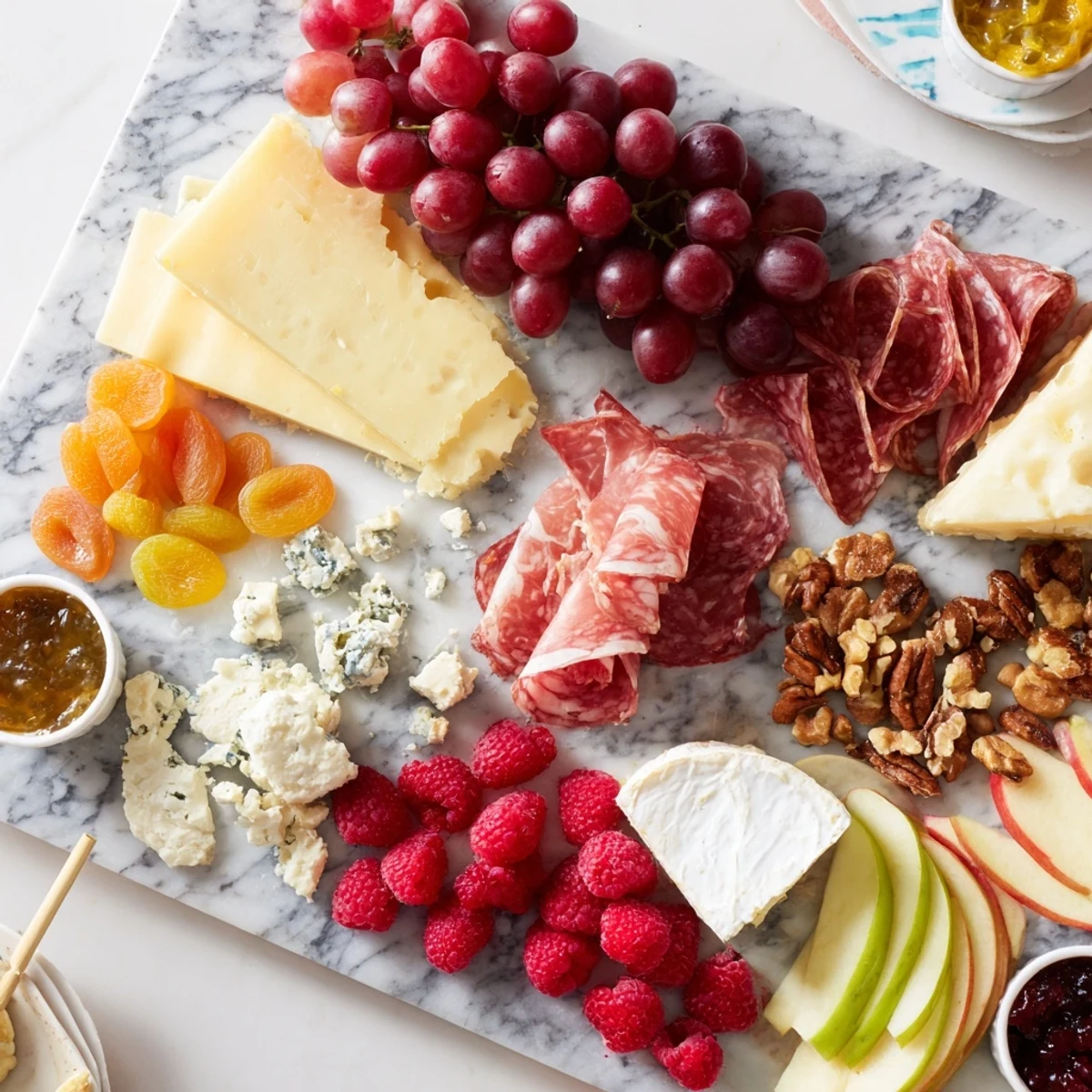Enjoy the beautiful arrangement of food on this Lace & Pearls Elegant Board, ready to be served.