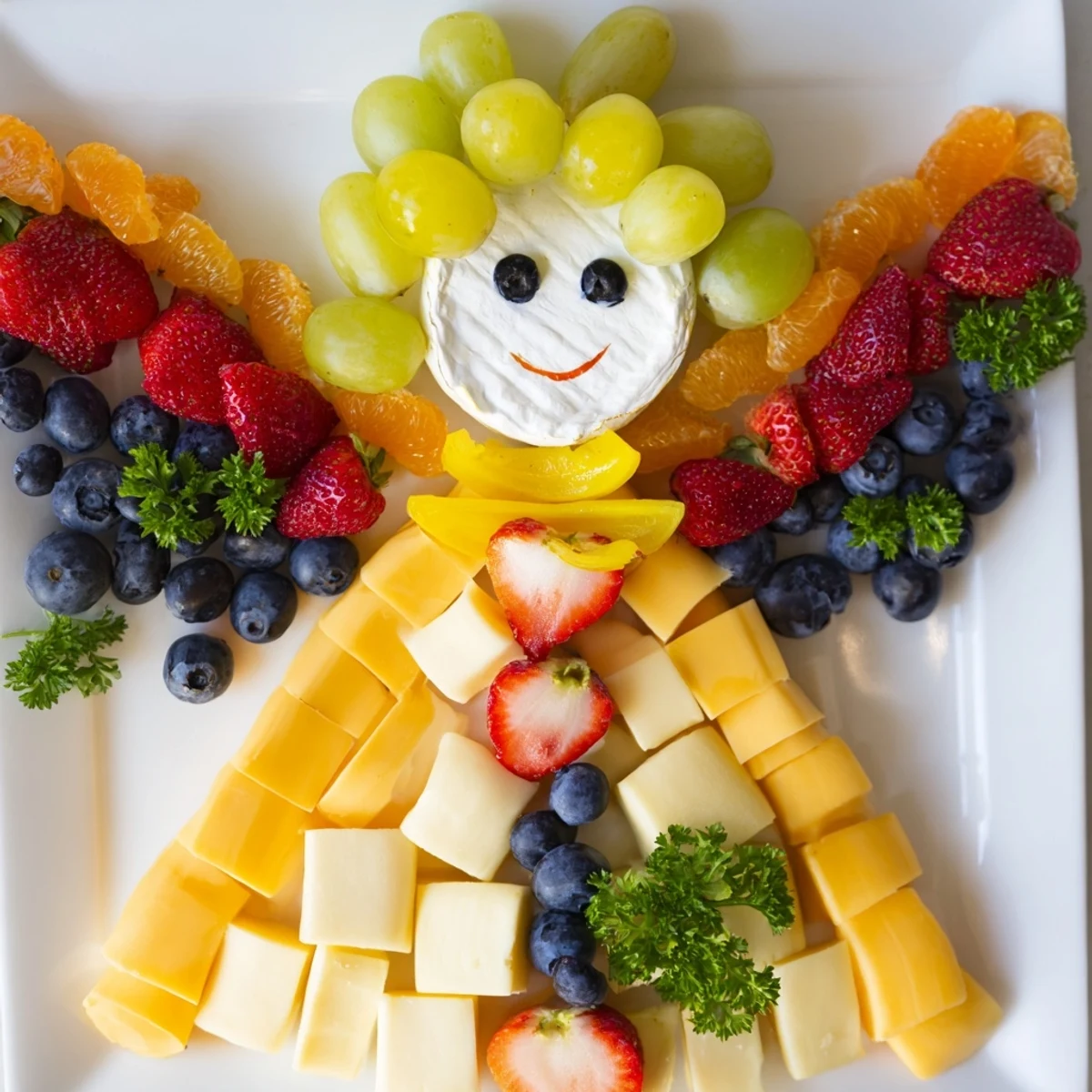 This delightful Cherub Angel Snack Tray displays vibrant red grapes, strawberries, and creamy cheeses for guests.