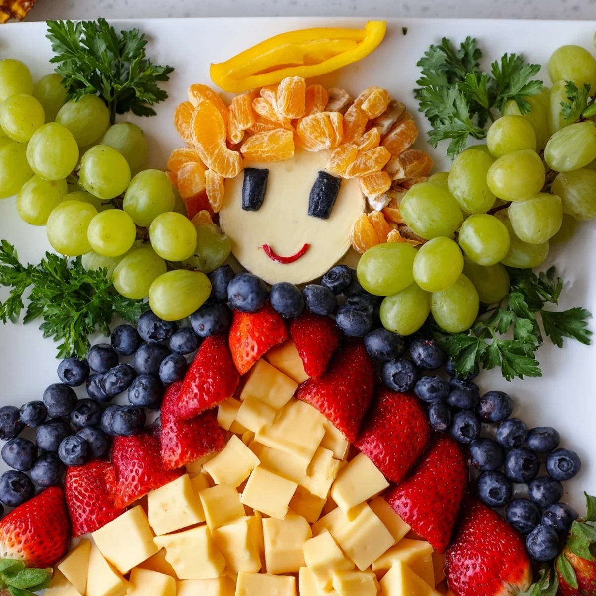 Enjoy a festive Cherub Angel Snack Tray filled with fresh fruit, cheeses, and a sweet honey dip.