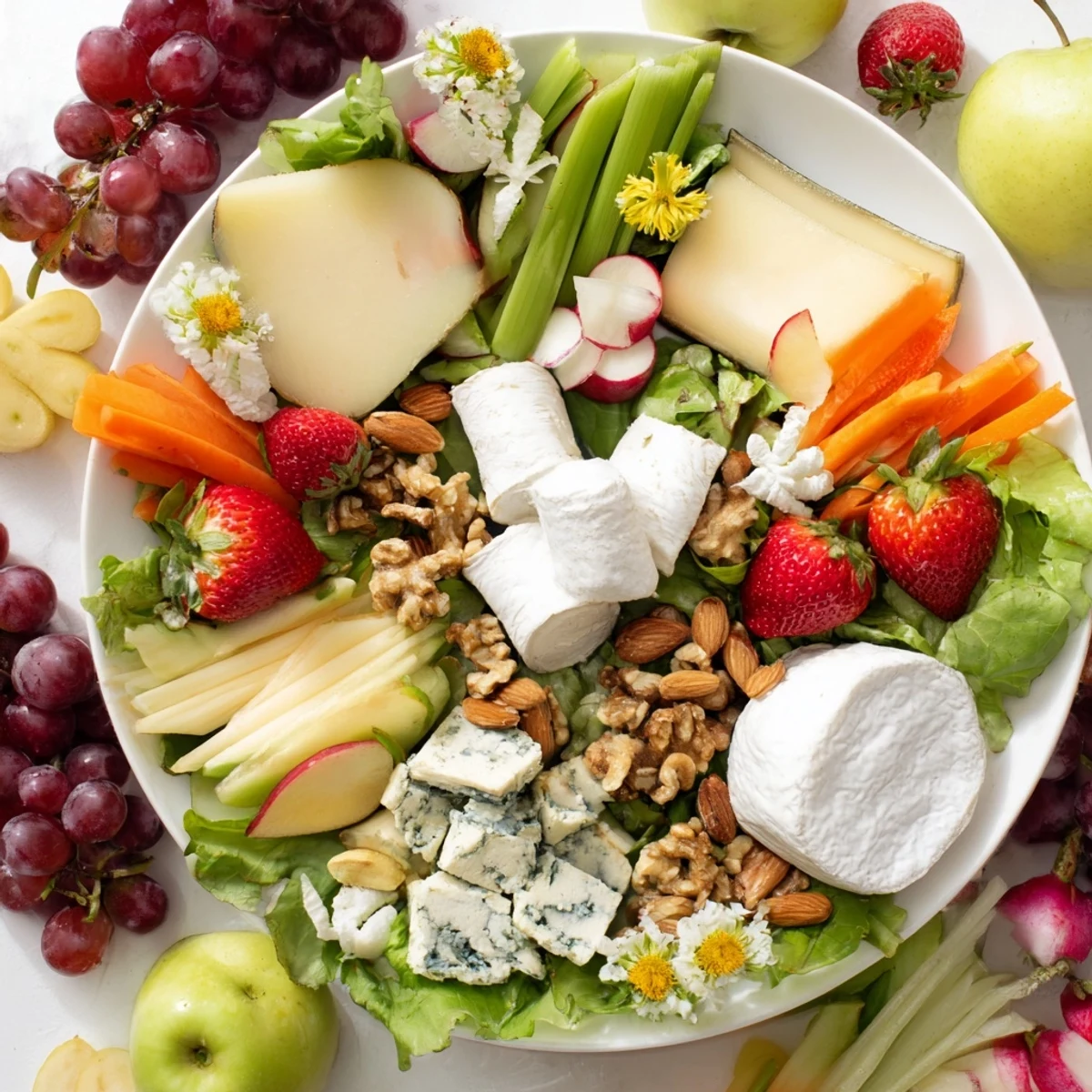 Enchanted Forest Grazing Board overflowing with colorful fruits, artisan cheeses, and edible flowers for a party.