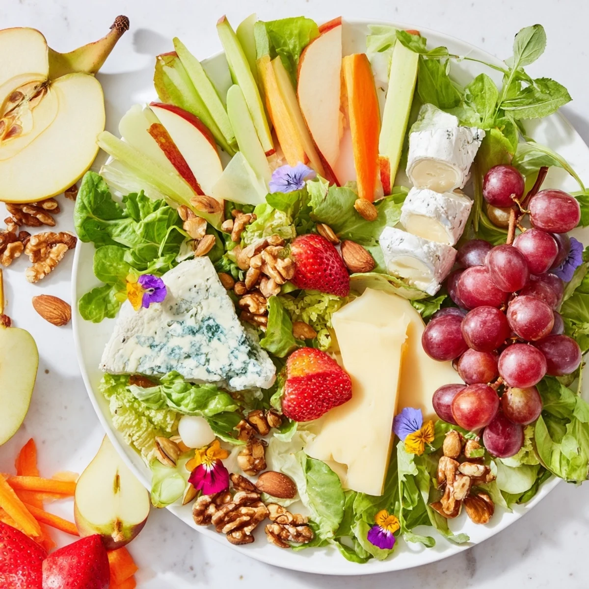 Imagine sharing this delicious Enchanted Forest Grazing Board with various cheeses, nuts, and fresh ingredients!