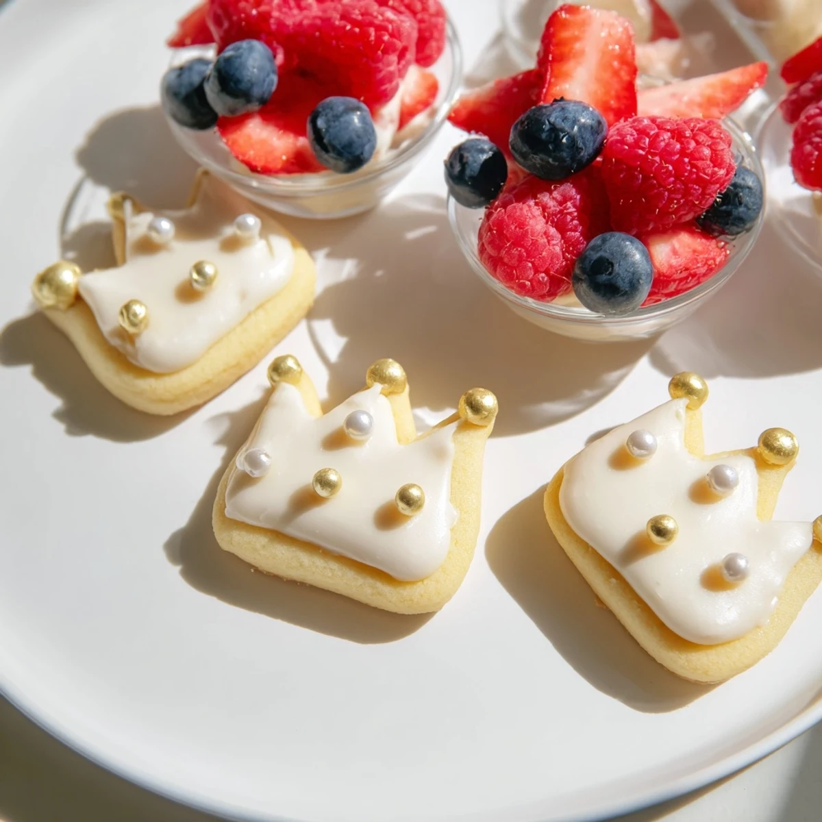 Princess Crown Dessert Tray artfully arranged, featuring crown cookies, white chocolate mousse, and vibrant berries.