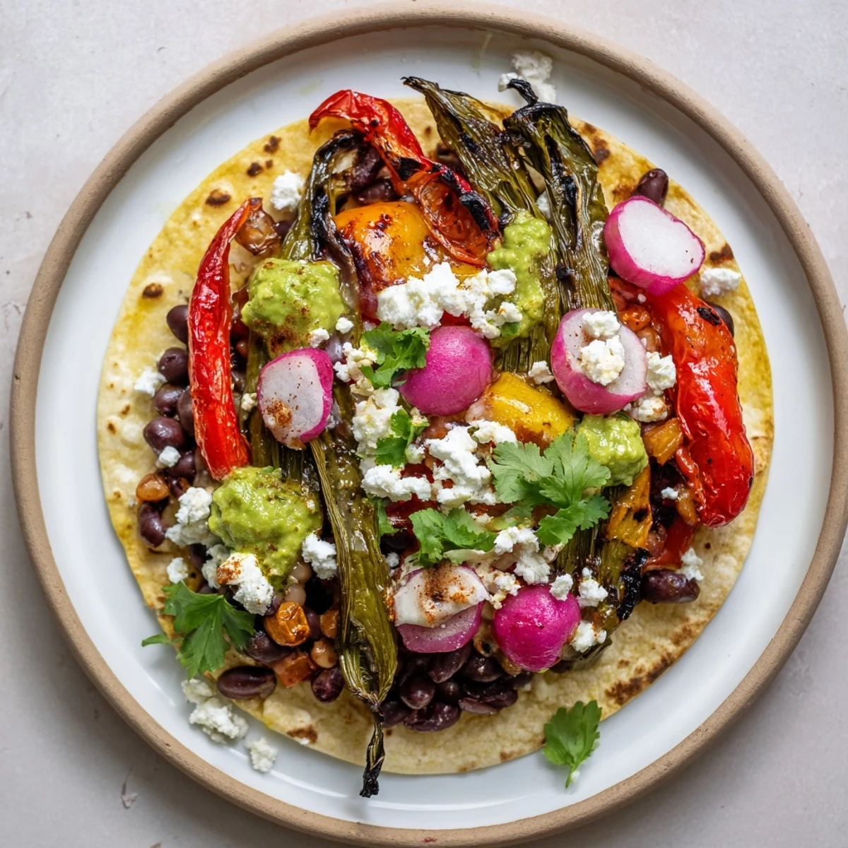 A visually enticing Desert Bloom Cactus Taco Board, showcasing vibrant toppings with smoky, roasted flavors and warm tortillas.