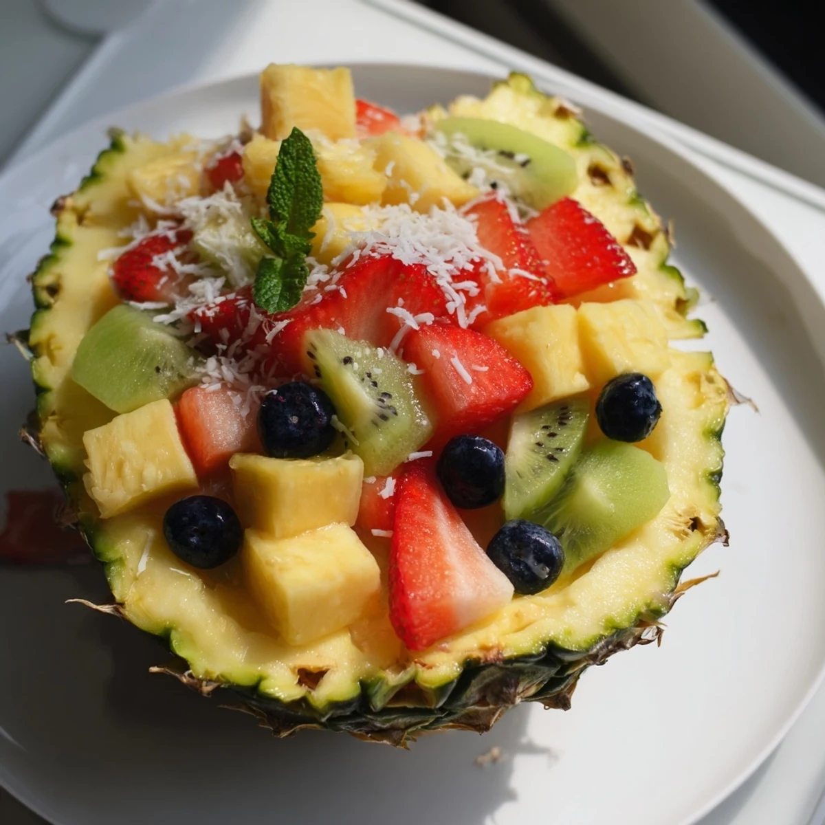 A refreshing close-up of Tropical Bliss Pineapple Fruit Boat, loaded with juicy mango and berries.