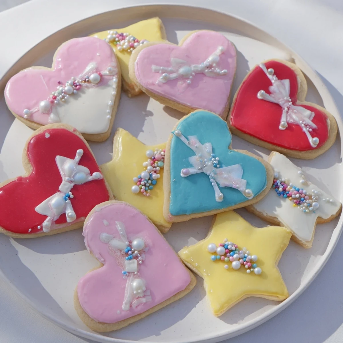 Delicious Pretty Bows Heart & Star Cookies, freshly baked and embellished with charming bow icing designs.