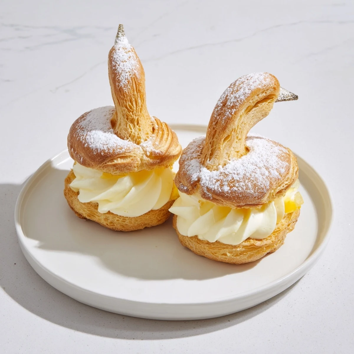 Golden, baked Feathered Friend Swan Pastry Platter, filled with vanilla cream and dusted with powdered sugar, ready to eat.