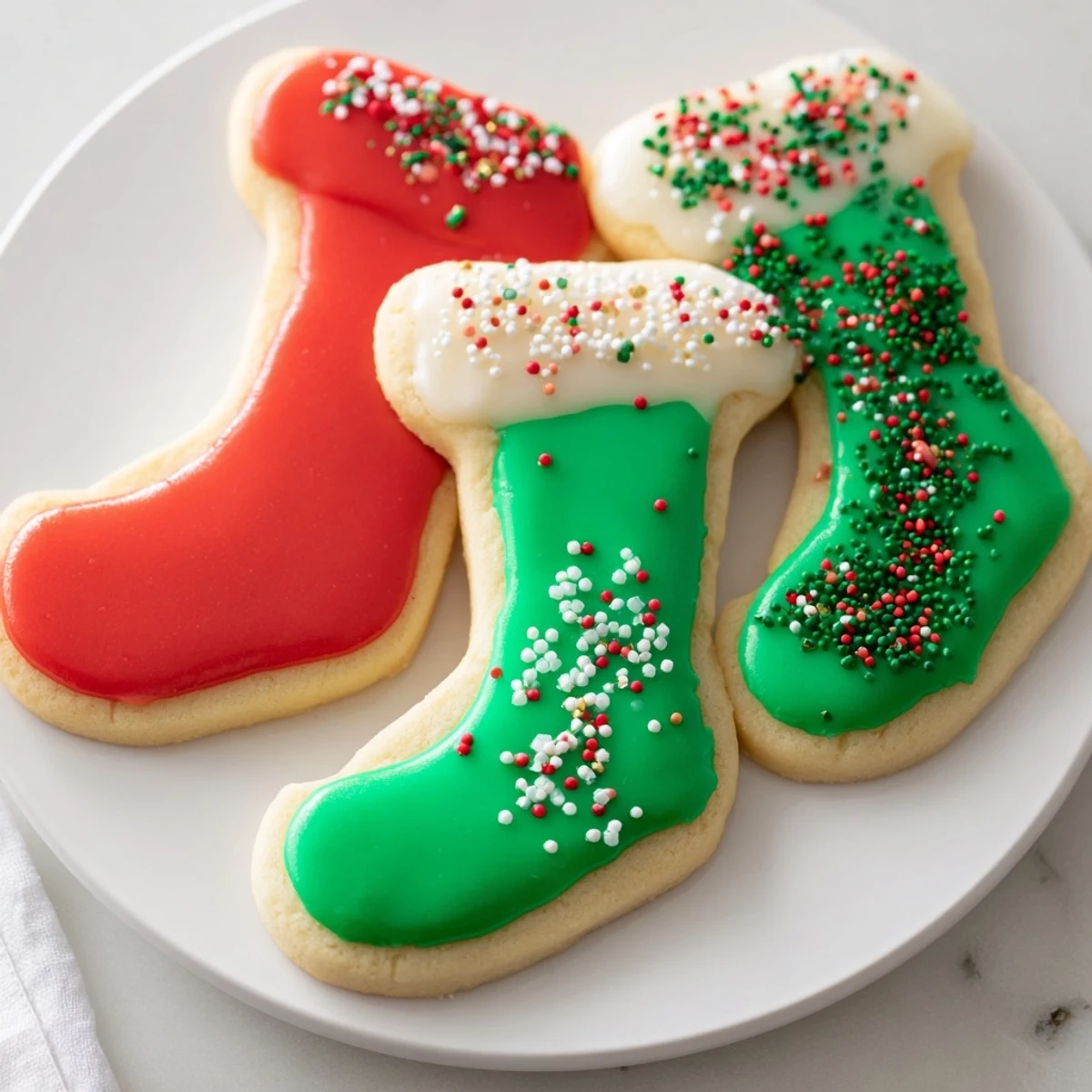 Christmas boot-shaped delights: Buttery vanilla cookies, iced red and green, ready for holiday treats.
