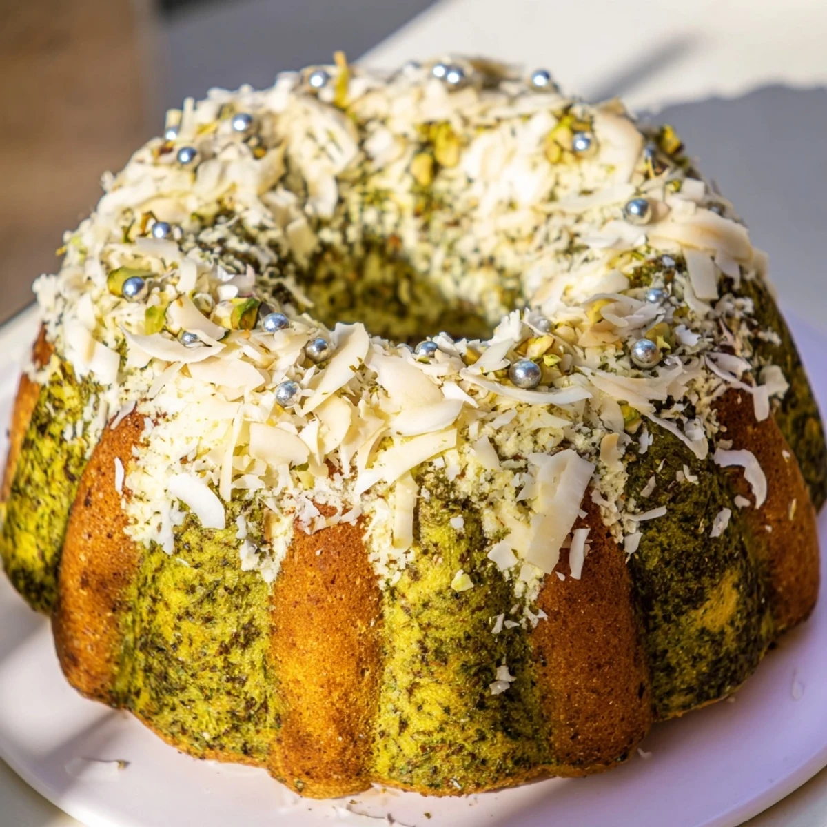 Creamy white chocolate mousse and coconut snow atop Table dHiver Sapin et Flocons, a festive winter dessert.
