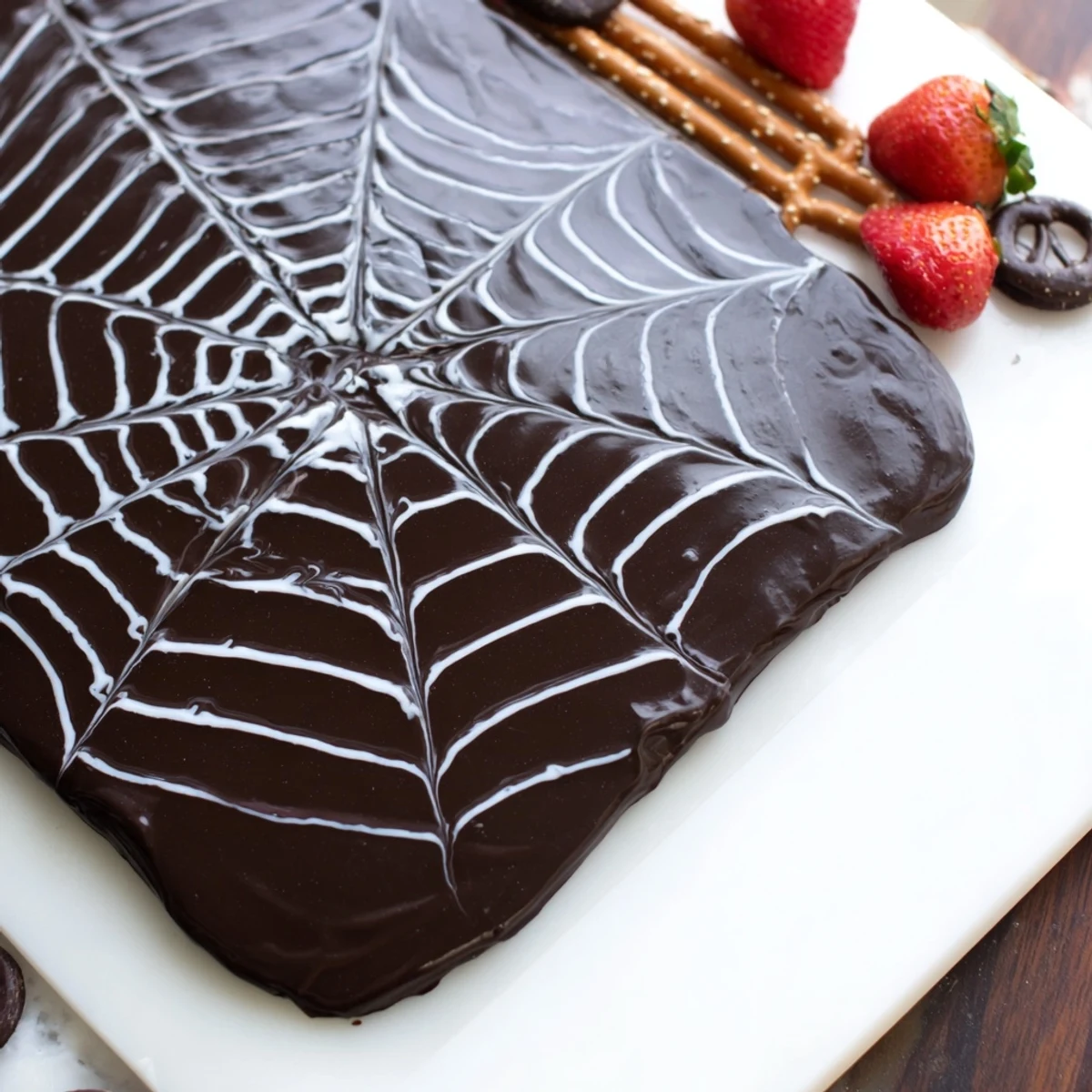 Halloween Spiderweb Chocolate Ganache Board with fresh fruit and dippable sweets for sharing.