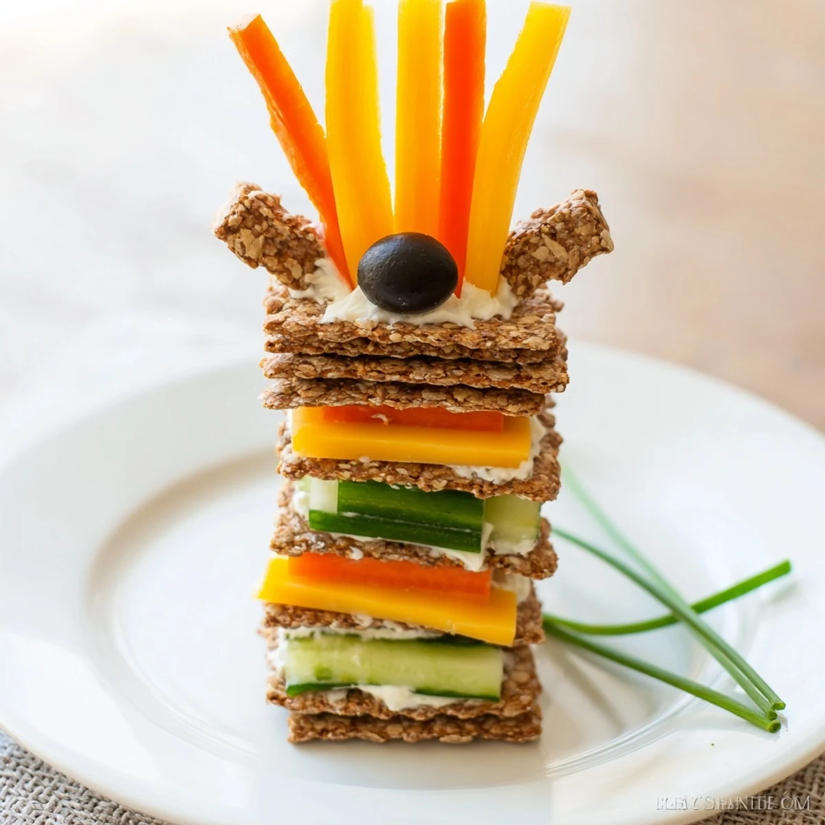 Giraffe Tall Cracker Stacks showcase a whimsical snack with layered cheese, veggies, and crackers, visually appealing.