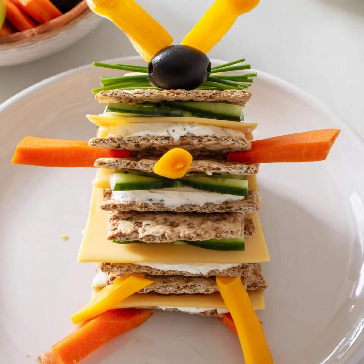 A playful Giraffe Tall Cracker Stack presents layers of cheese, colorful vegetables, and creative cracker combinations.