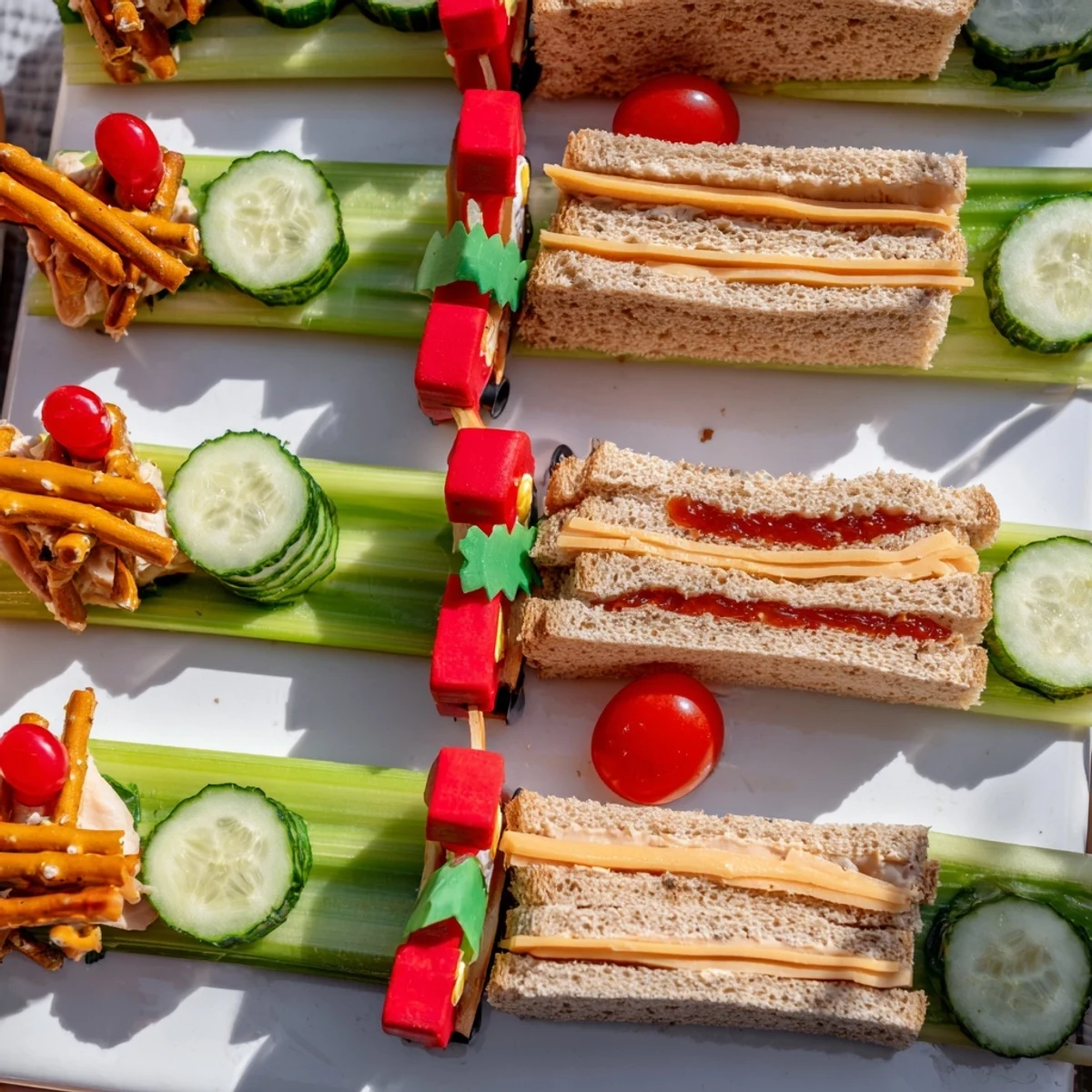 Kids will love this Train Track Sandwich Board: delicious sandwiches cleverly constructed like a real train!