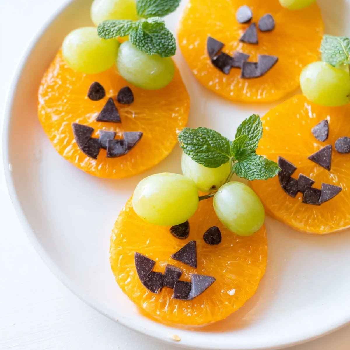Festive pumpkin patch orange slices arranged with mint stems, a healthy Halloween snack.
