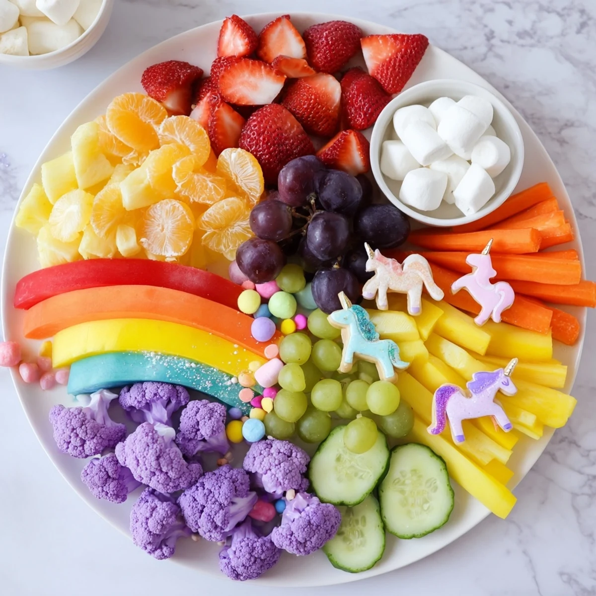A festive Magical Unicorn Rainbow Snack Board, featuring fresh fruits, marshmallows, and rainbow treats is showcased here.