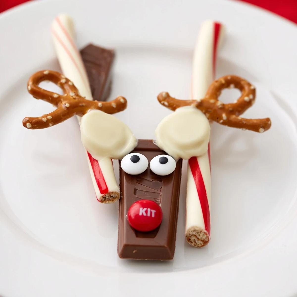 Whimsical Rudolph Candy Cane Sleds: a close-up shows festive red-nosed reindeers on chocolate sleds, ready to eat.