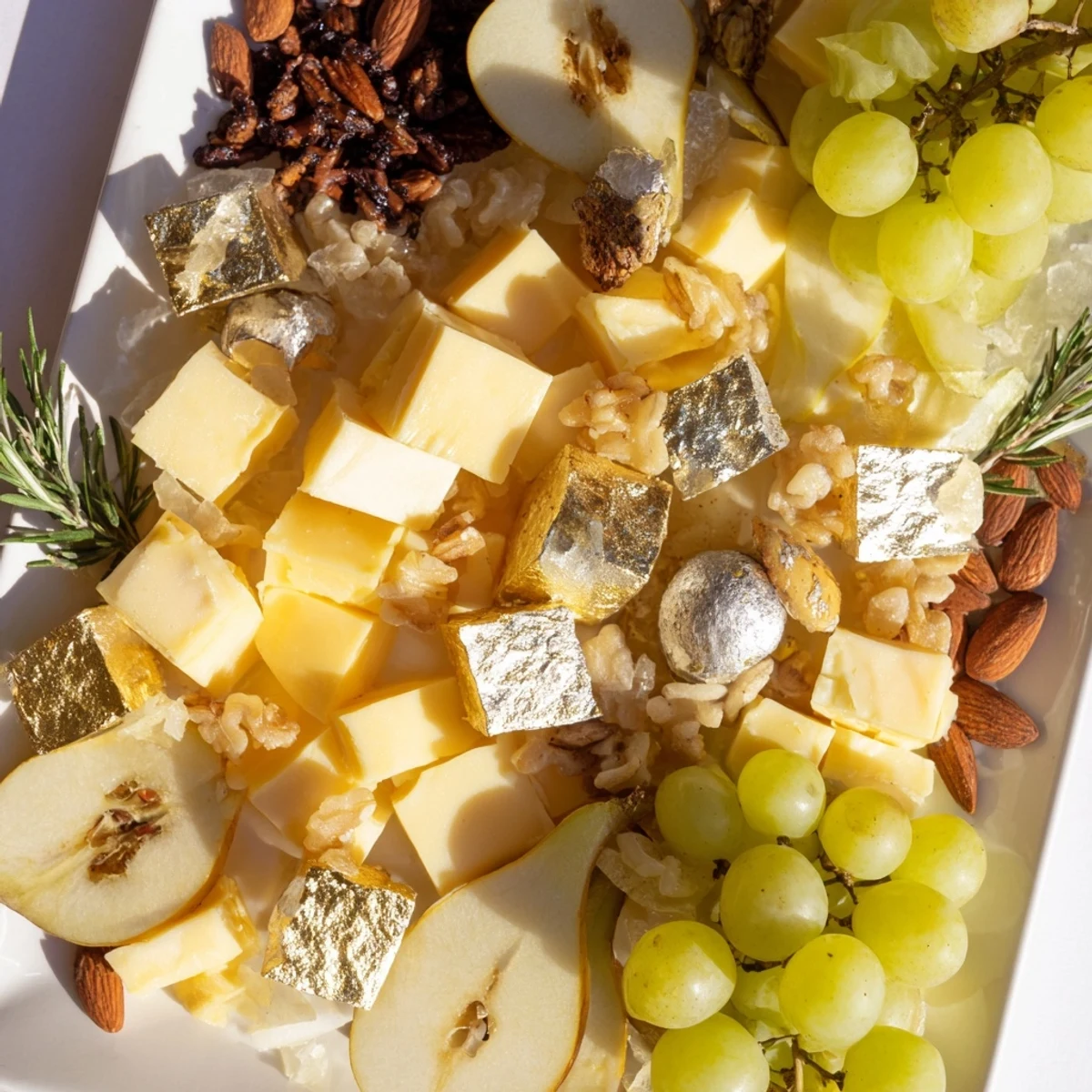 Festive Gold and Silver Cheese Cube Board with glistening cheeses, fruit, and nuts, ready for serving.