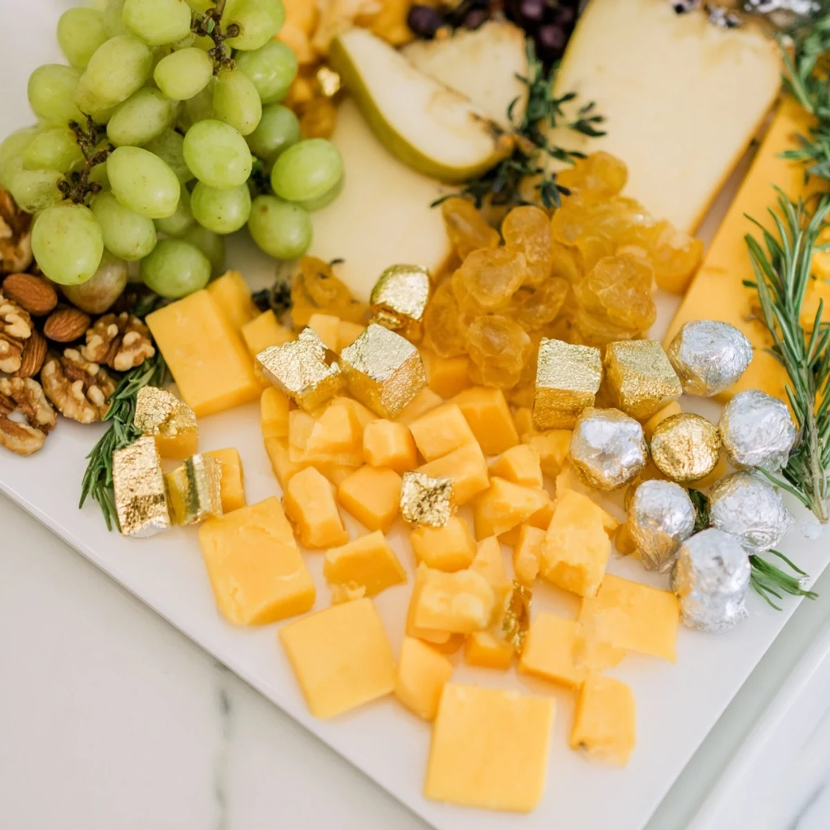 A close-up of a beautifully arranged Gold and Silver Cheese Cube Board, featuring vibrant ingredients and crackers.