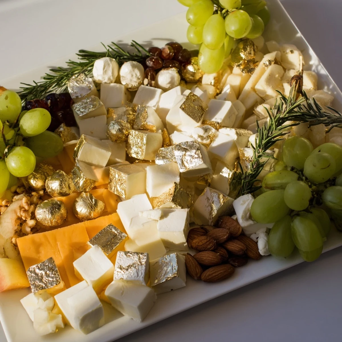 Elegant party appetizer: a tempting Gold and Silver Cheese Cube Board with contrasting colors and textures.