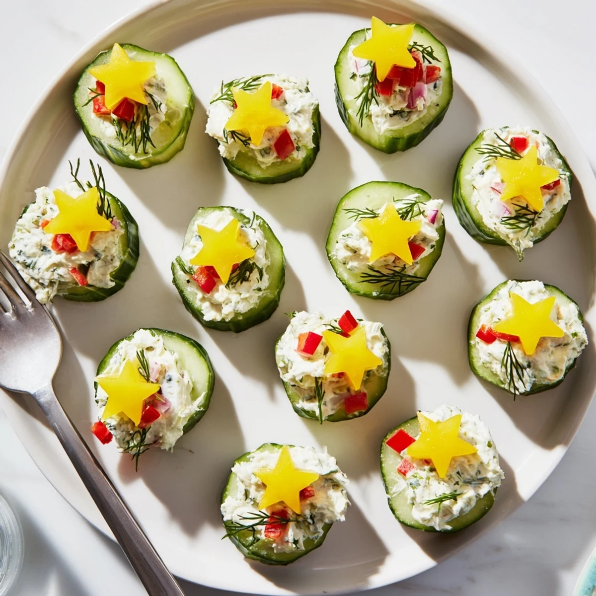 Bright, festive Holiday Star Cucumber Bites, garnished with colorful bell peppers for a delicious appetizer.
