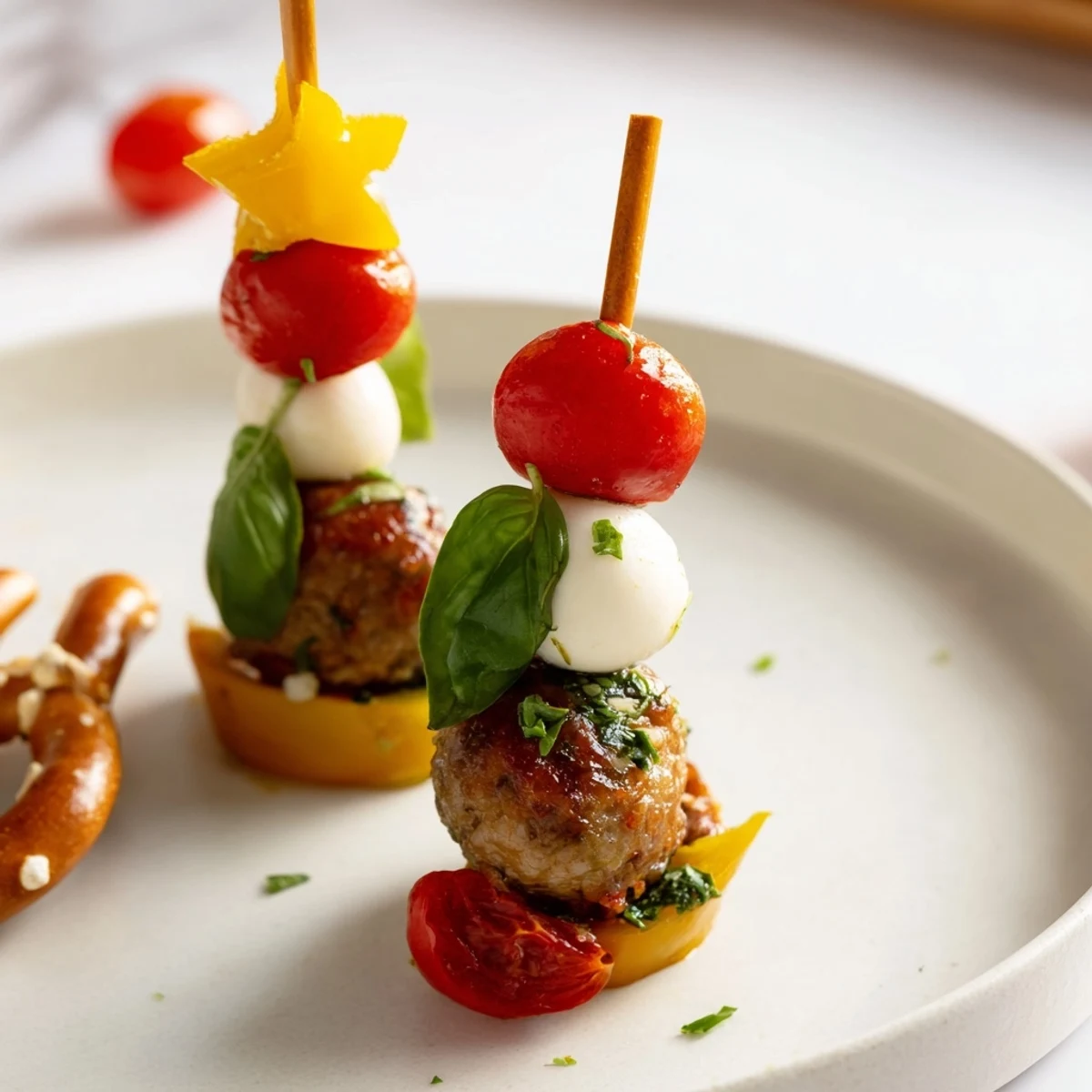 Warm, savory mini meatball Christmas trees with cherry tomatoes and mozzarella, a holiday delight.
