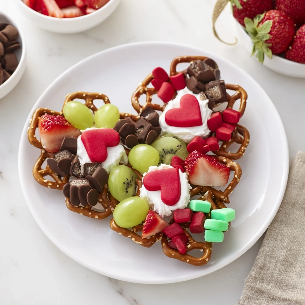 Sweet and salty Grinch's Heart Pretzel Board with colorful candies and fresh fruit ready to share.