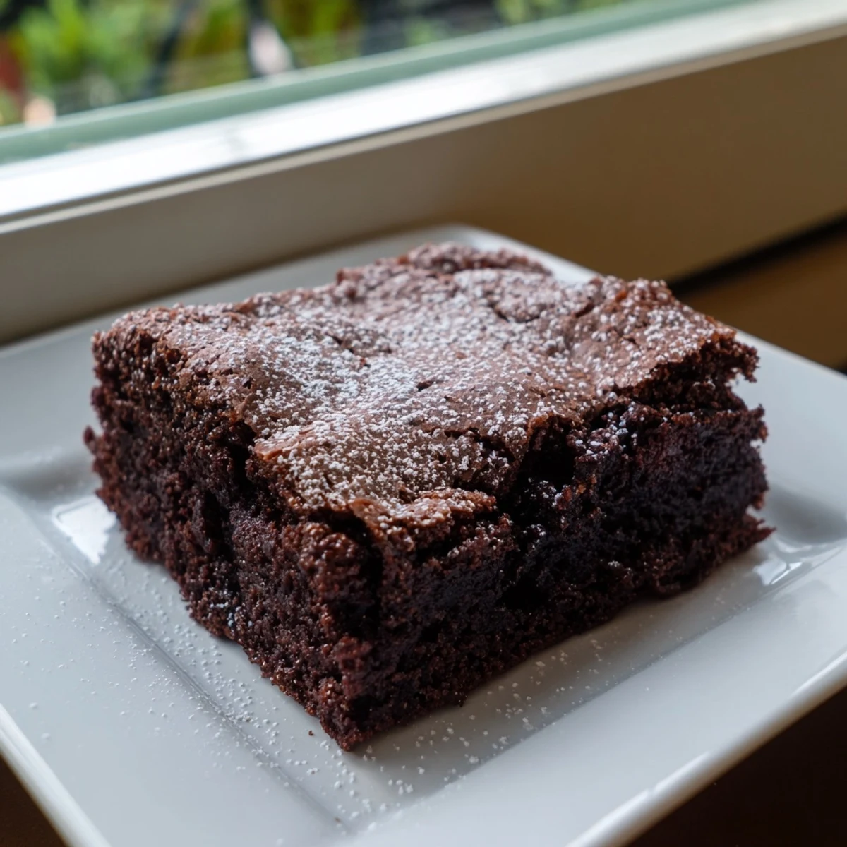 Warm brownie photo showing a plate of freshly cut squares with powdered sugar dusting on top.