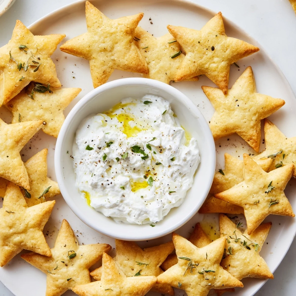 Golden, star-shaped Holiday Crackers served with a vibrant, creamy dip ideal for sharing.