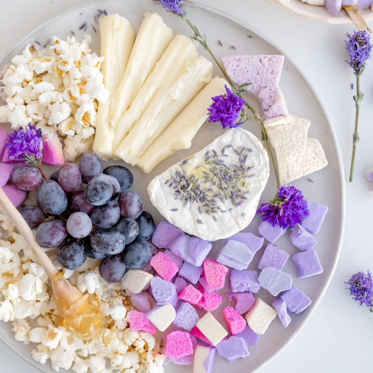 Lavender Haze Dreamscape cheese board, a pastel delight with creamy cheeses, fruits, and edible flowers.
