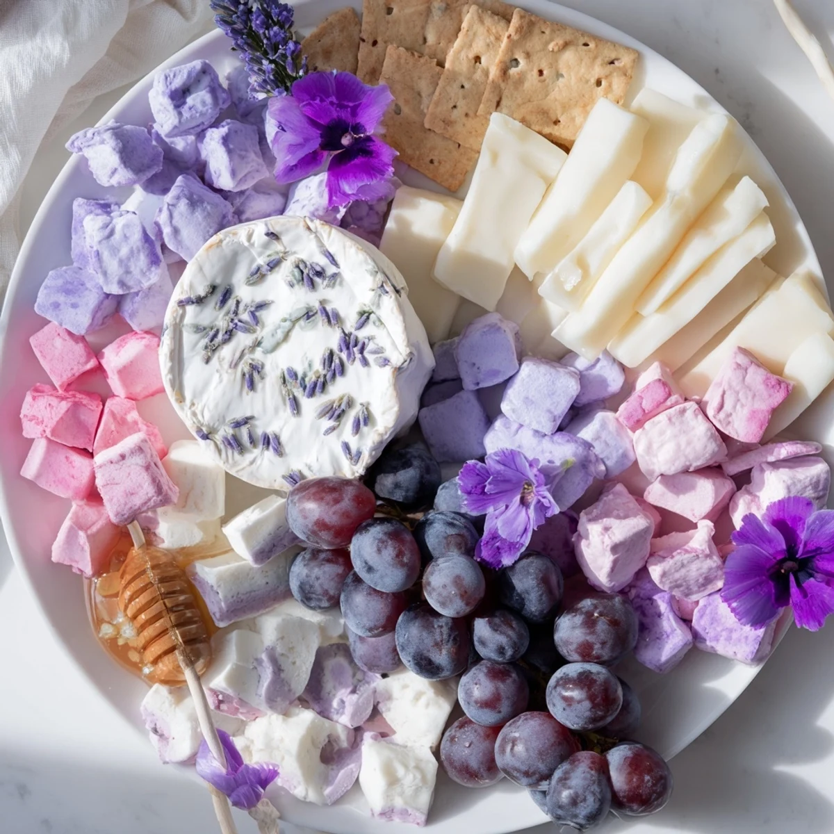 Taste the dreamy Lavender Haze Dreamscape cheese board with goat cheese, brie, and violet-colored treats.