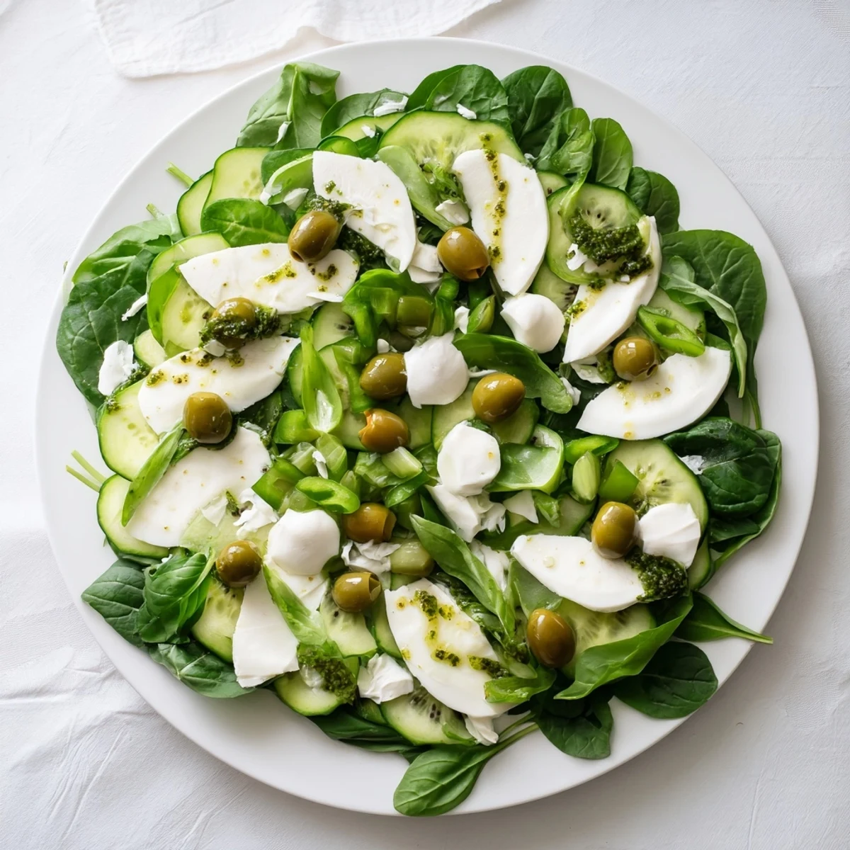 Vibrant Emerald Isle Greenscape salad with fresh mozzarella, ready to serve and enjoy.