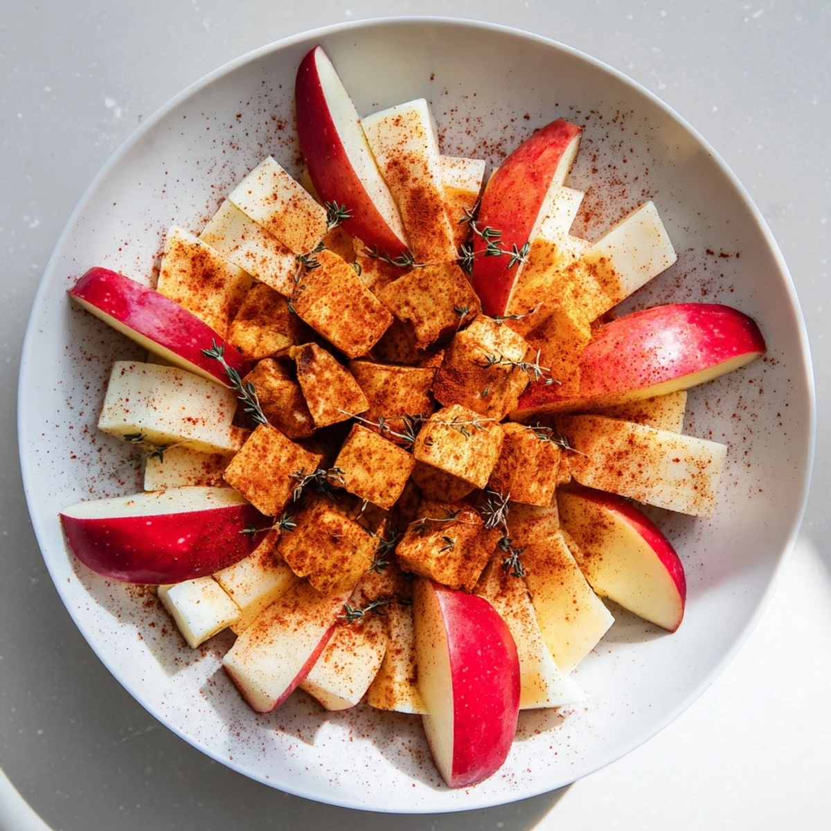 Vibrant The Autumn Ember appetizer: paprika-dusted cheeses around ruby apple wedges on a platter.