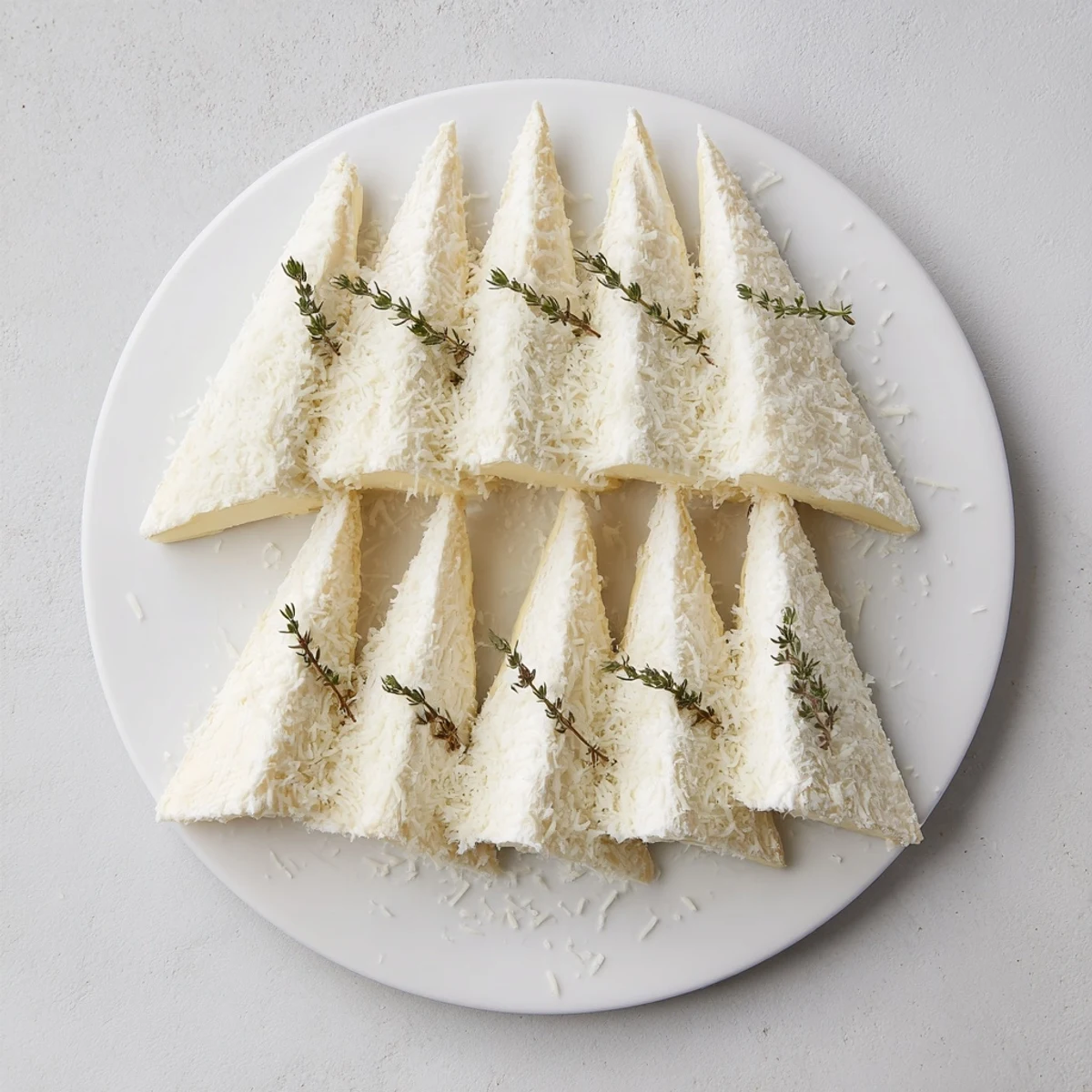 Snowcapped Range appetizer: creamy Brie wedges dusted with Parmesan create a beautiful, snowy landscape.
