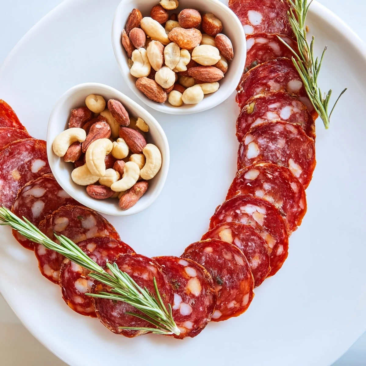 Creative salami display: the Infinity Loop appetizer, weaving between bowls of mixed nuts for guests.