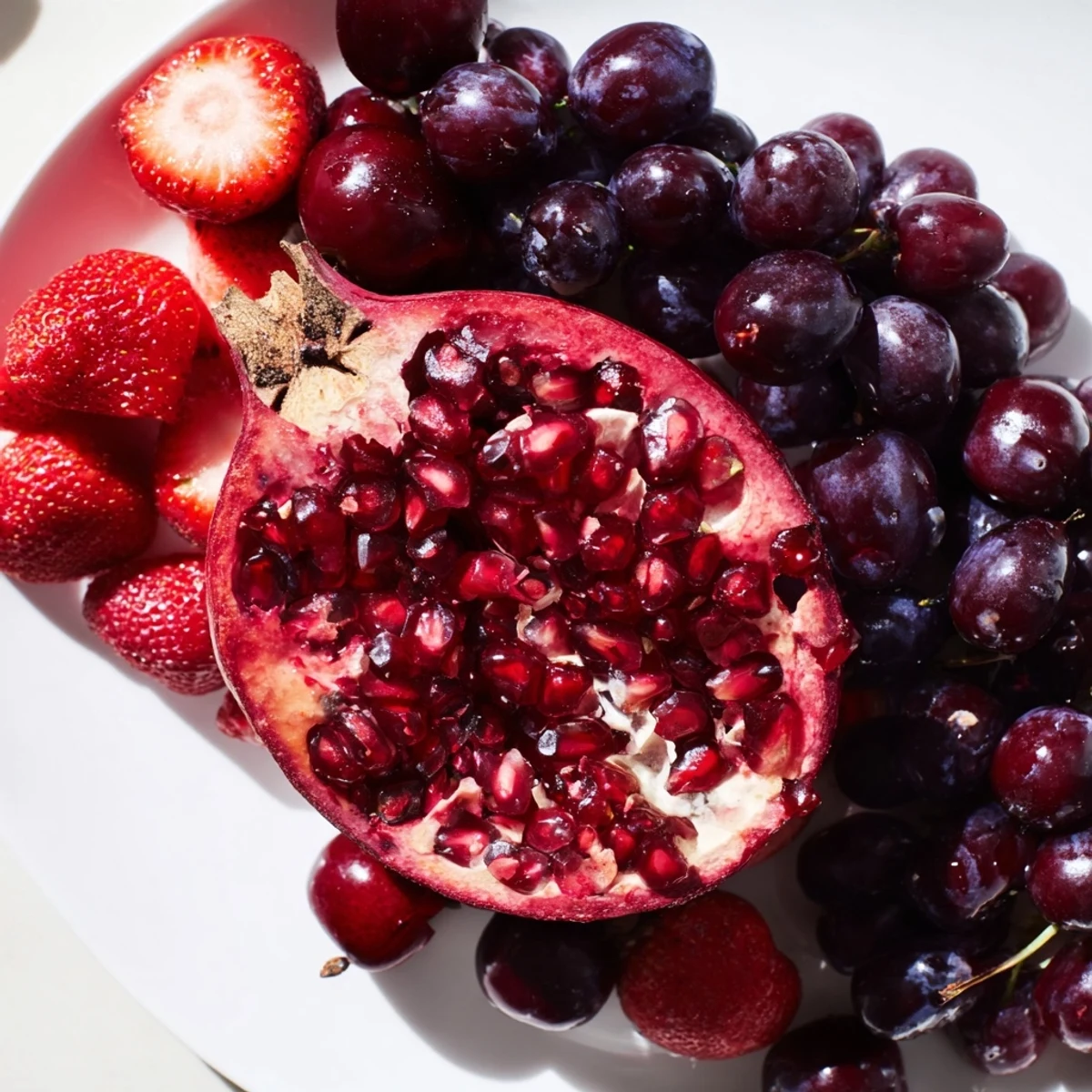 A gorgeous Pomegranate Pivot displays color-changing fruits arranged around a juicy, halved pomegranate centerpiece.