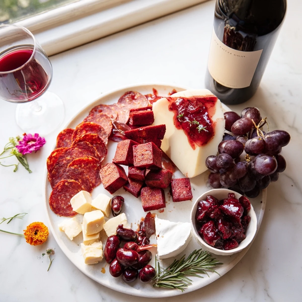 See the elegant arrangement of a Ruby Red Wine Stain Board, perfect for your next gathering.